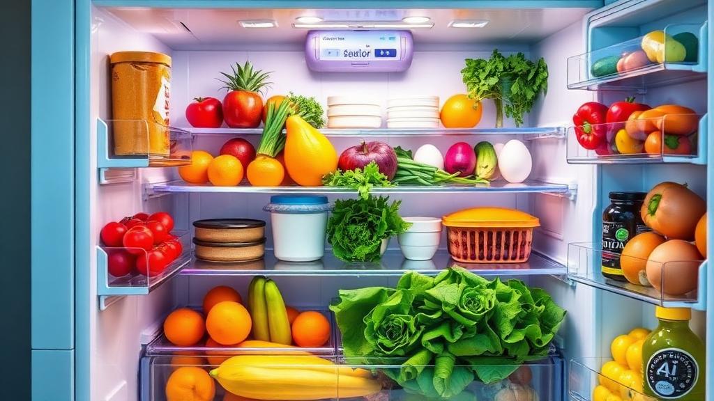 Modern fridge filled with fresh ingredients ready for AI scan